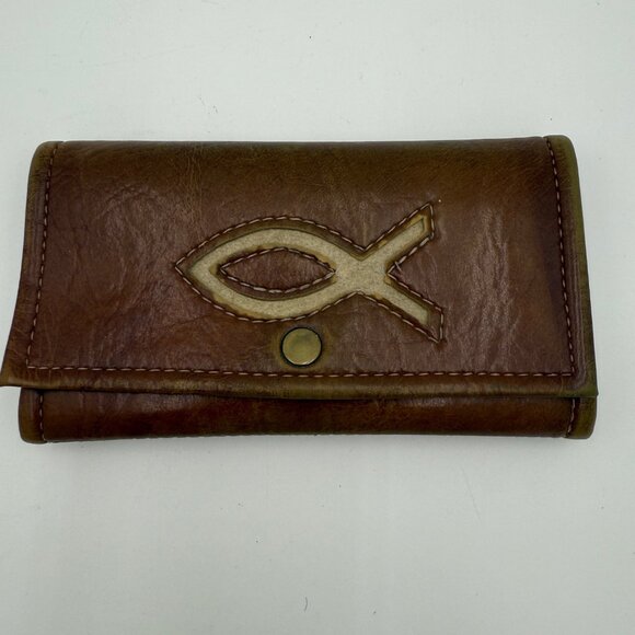 Vintage Christian Fish Symbol Tri-Fold Leather Wallet Brown Snap Closure - Picture 1 of 9